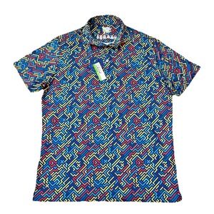 NWT Tailorbyrd Linear Geo Abstract Performance Polo Navy Multi Maze Men's L
